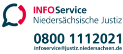 Schmuckgrafik mit folgendem Inhalt: Infoservice Niedersächsische Justiz 0800 1112021 Infoservice@justiz.niedersachsen.de